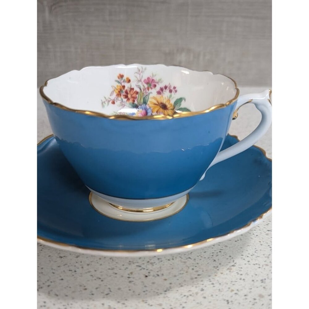 COALPORT England Fine Bone China Blue Turquoise Tea Cup & Saucer